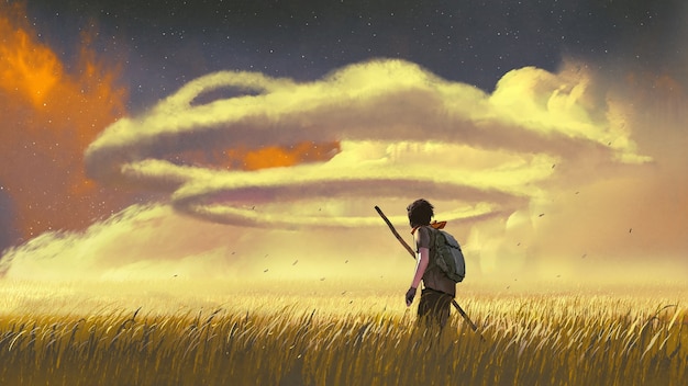 jovem caminhando por um prado e olhando para as nuvens anelares no céu, estilo de arte digital, pintura de ilustração