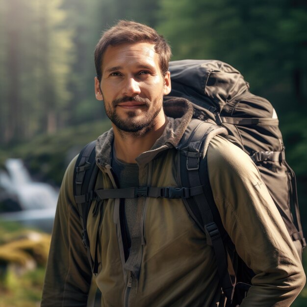 Foto jovem caminhante adulto desfrutando da natureza e da aventura na floresta