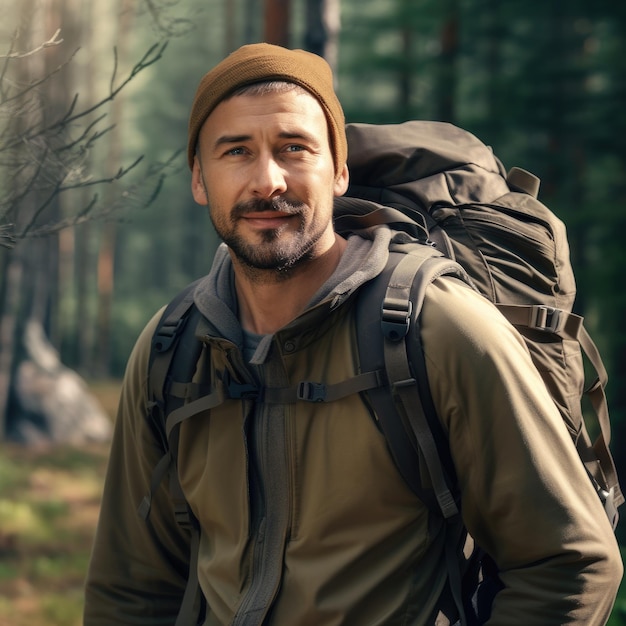 Foto jovem caminhante adulto desfrutando da natureza e da aventura na floresta