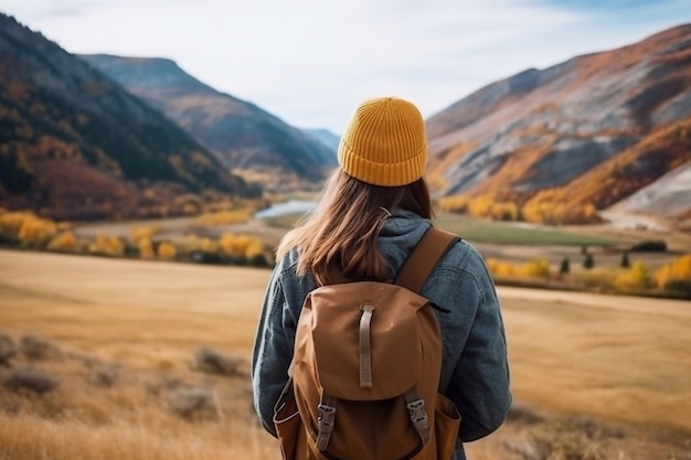 Jovem caminhante tomando uma bela vista nas montanhas conceito de estilo de vida de viagem Tempo para o seu