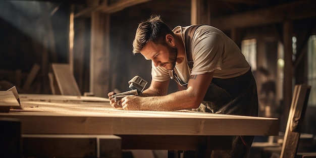 Foto jovem carpinteiro medindo madeira em carpintaria