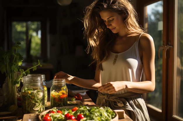 Foto jovem carrega salada fresca em camadas na panela para ia geradora de trabalho