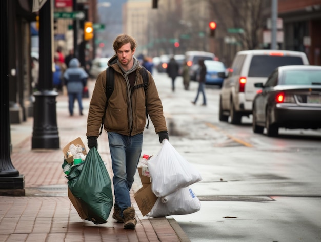 Foto jovem carregando sacos de materiais recicláveis para um contentor dedicado