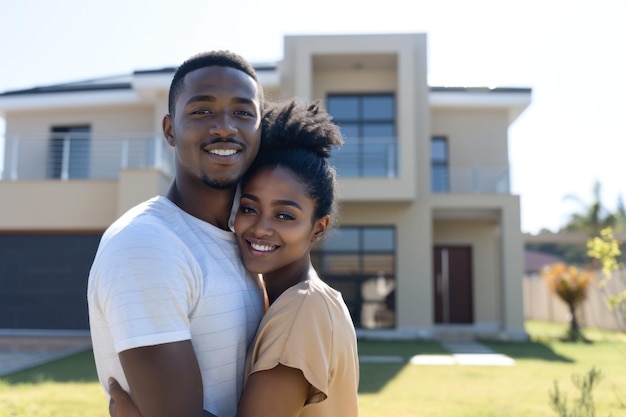 Jovem casal afro-americano feliz em vinte e poucos anos em frente à nova casa conceito de aluguel ou hipoteca