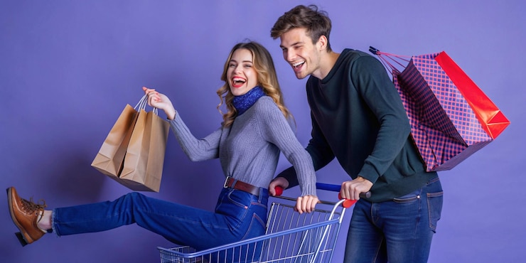 Foto jovem casal alegre se divertir conduzir carrinho de compras e segurar saco de compras no centro comercial