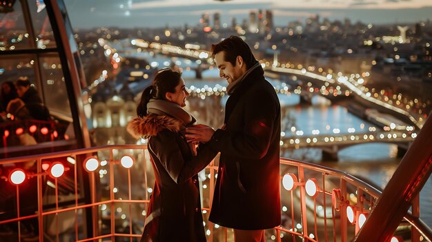 Jovem casal apaixonado de pé em um terraço no telhado à noite olhando para as luzes da cidade abaixo