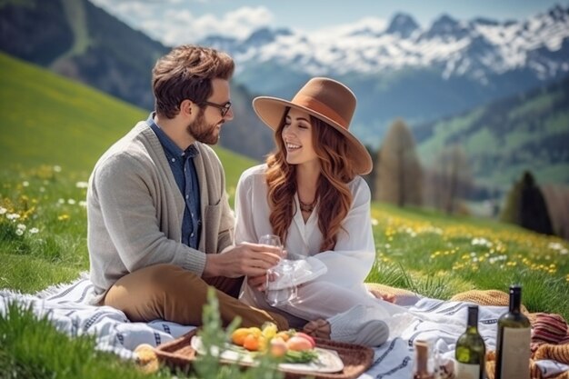 Jovem casal apaixonado fazendo piquenique visitando Alpes Dolomidades Namorado e namorada sentados e olhando