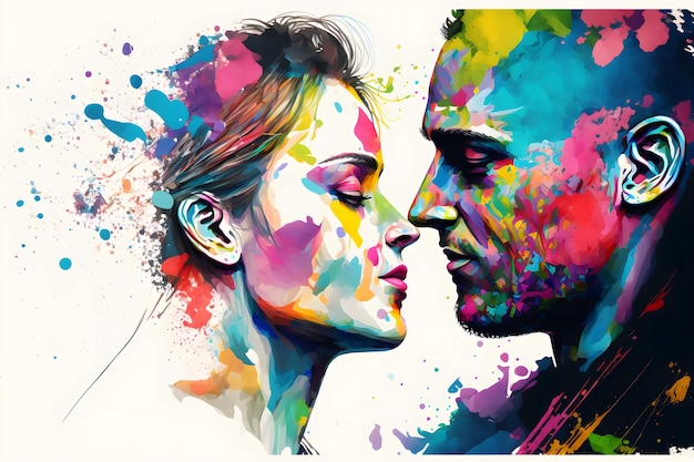 Jovem casal apaixonado silhueta com salpicos de tinta aquarela Arte gerada pela rede neural