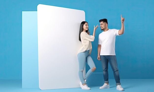 Jovem casal apontando para uma tela de smartphone em branco em um stand designe