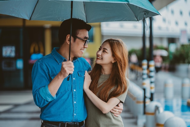 Jovem casal asiático andando na chuva