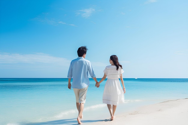 Jovem casal asiático de meia idade caminhando alegremente em direção ao mar