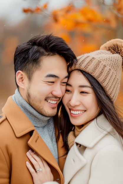 Foto jovem casal asiático romântico desfrutando de um abraço de outono no parque compartilhando calor e amor outono aconchegante