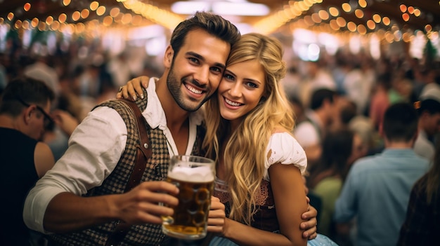 Foto jovem casal bebendo cerveja na oktoberfest na alemanha iii