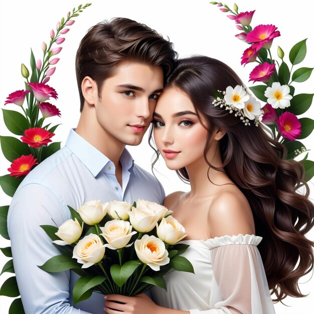 jovem casal bonito com flores em branco