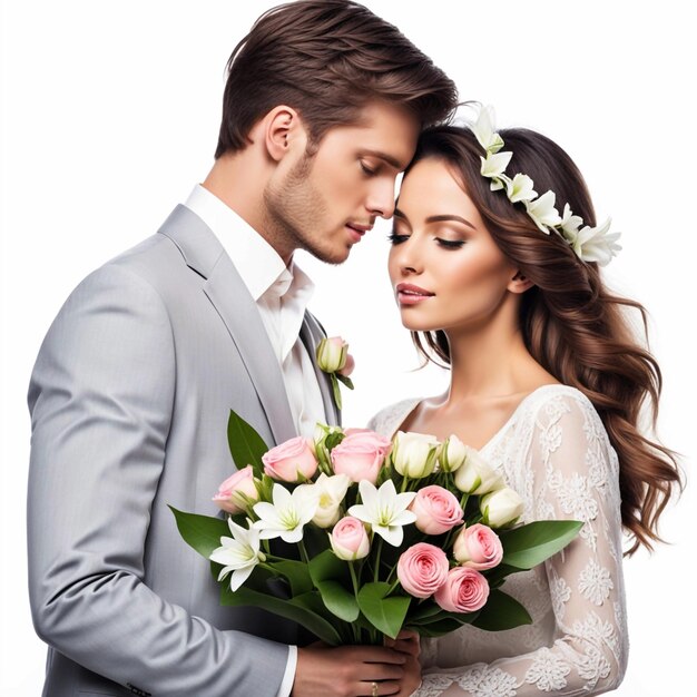 Foto jovem casal bonito com flores em branco