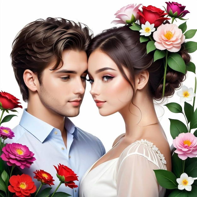 jovem casal bonito com flores em branco