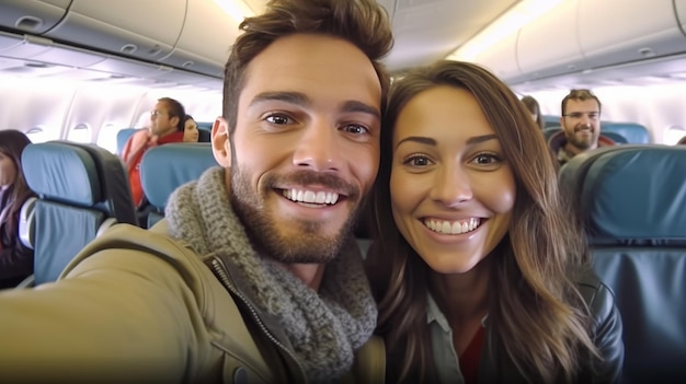 Jovem casal bonito tirando uma selfie no avião durante o voo ao redor do mundo