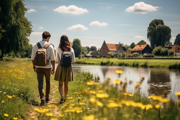 jovem casal caminhando por um campo de flores ao lado de um lago