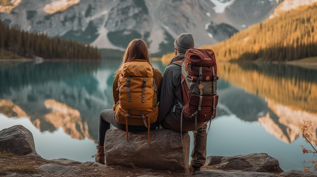 Jovem casal com mochilas de caminhada em frente a uma paisagem com um lago