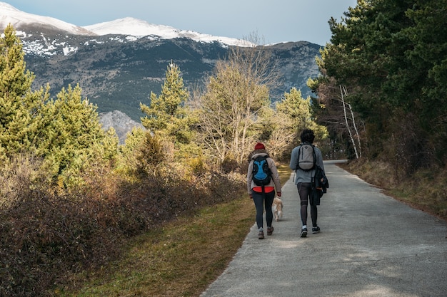 Jovem casal com mochilas e um cachorro na estrada com montanhas nevadas ao fundo