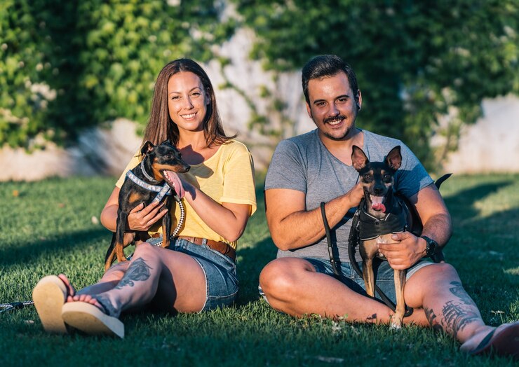 Jovem casal com seus cachorros sentados olhando para a câmera no parque. Vista frontal do casal sentado na grama com seus cães em um dia ensolarado.
