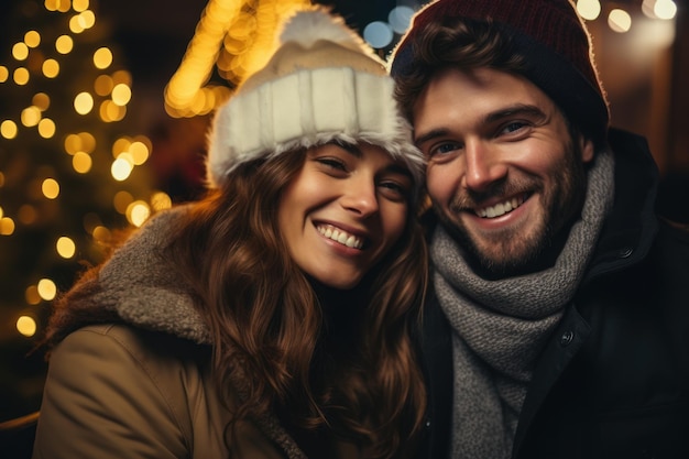 jovem casal comemorando as férias juntos enquanto usava chapéu de Papai Noel