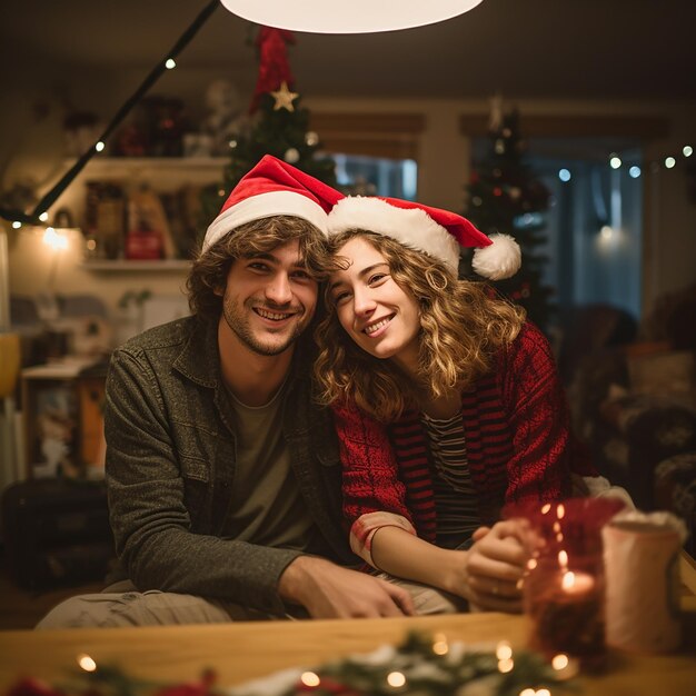 Jovem casal comemorando o Natal em casa com chapéus de Papai Noel