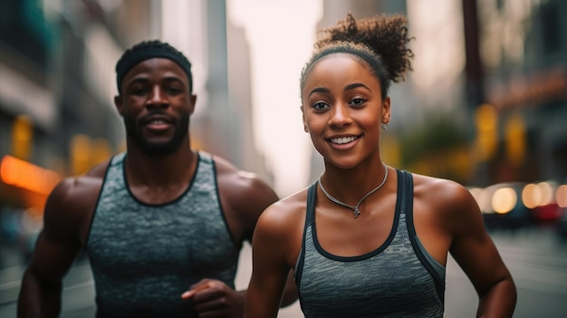 Jovem casal correndo para esportes na rua