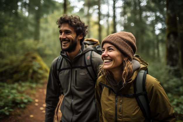 Foto jovem casal de caminhantes feliz caminhando na floresta fundo de estilo bokeh