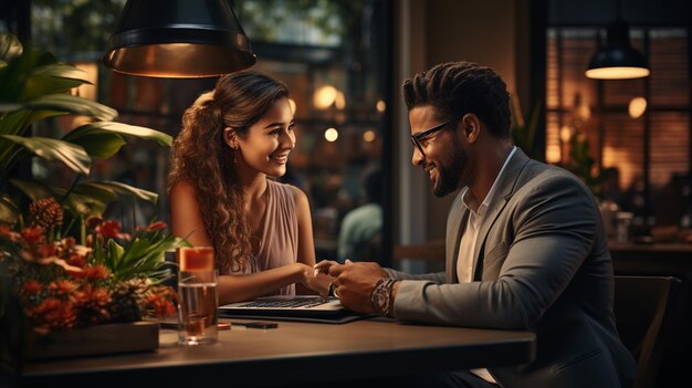 Foto jovem casal de empresária e empresário no café