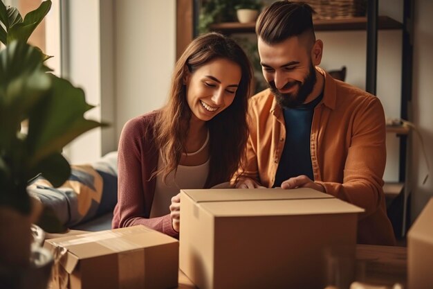 Foto jovem casal desempacotando bagagem esperada em casa