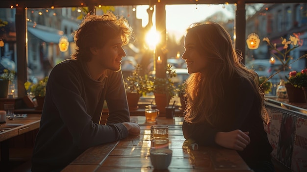 Jovem casal desfrutando do pôr-do-sol em uma mesa aconchegante de um restaurante
