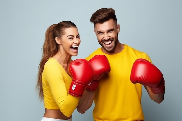 Jovem casal desportivo mulher com luvas de boxe abraçando seu namorado com luves de boxe feliz