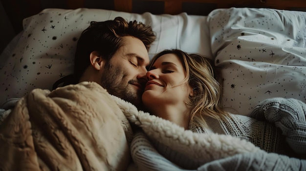 Jovem casal dormindo na cama Homem e mulher deitados sob o cobertor vista de cima