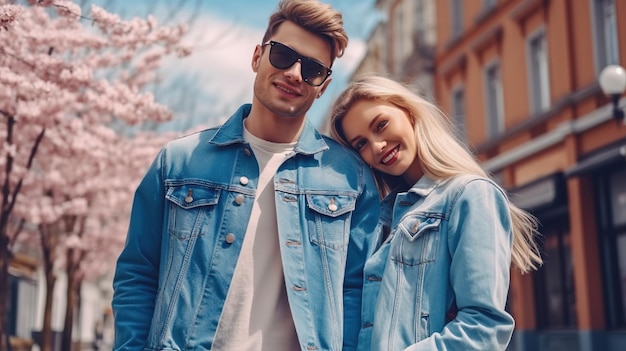 Jovem casal elegante sorridente feliz posando na rua da cidade europeia