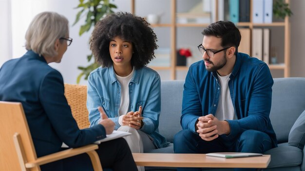 Foto jovem casal em psicólogo discutindo problemas de relacionamento com seu terapeuta