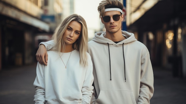 Jovem casal em roupas de rua da moda