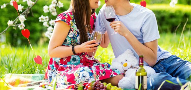 Jovem casal em um piquenique no verão com uma garrafa de vinho e frutas