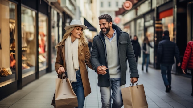 Jovem casal está andando pela rua com sacolas enquanto fazia compras