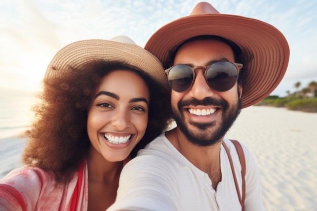 jovem casal expressão feliz férias de verão e conceito de praia gerado por IA