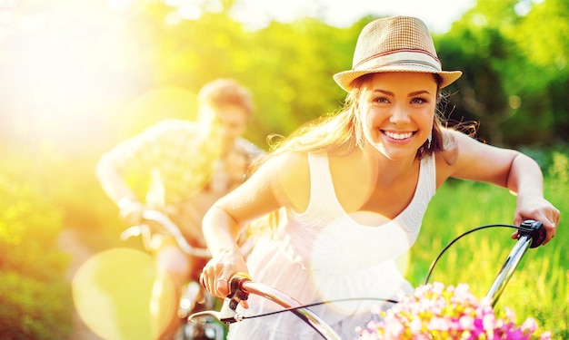 Jovem casal feliz andando de bicicleta pelo parque