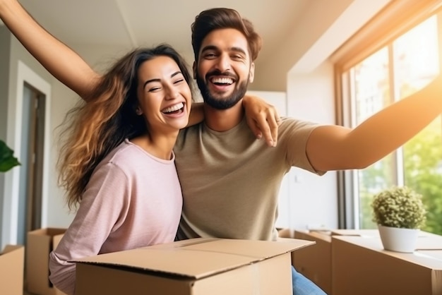 Jovem casal feliz em sua nova casa depois de se mudar Desembalar caixas depois de se mudar para um novo apartamento Novos proprietários Hipoteca Aluguel de propriedade