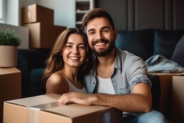 Jovem casal feliz em sua nova casa depois de se mudar Desembalar caixas depois de se mudar para um novo apartamento Novos proprietários Hipoteca Aluguel de propriedade