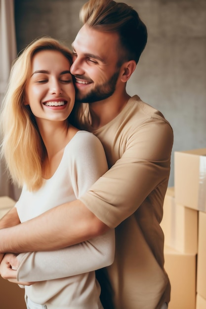 Jovem casal feliz em sua nova casa depois de se mudar Desembalar caixas depois de se mudar para um novo apartamento Novos proprietários Hipoteca Aluguel de propriedade