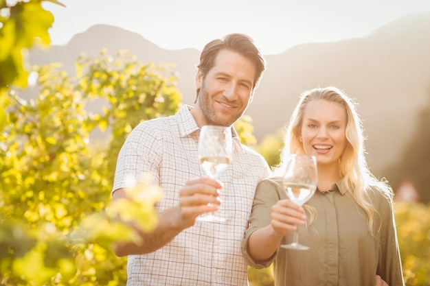 Jovem casal feliz segurando copos de vinho