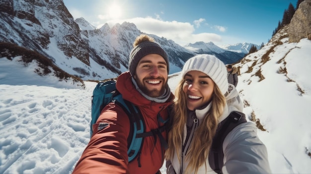 Jovem casal feliz tomando selfie na neve do inverno