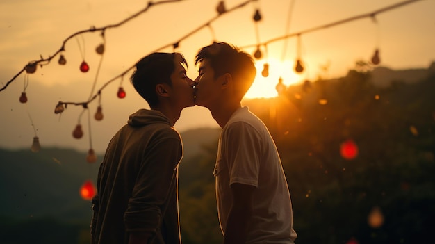 Jovem casal gay asiático beijando conceito de amor