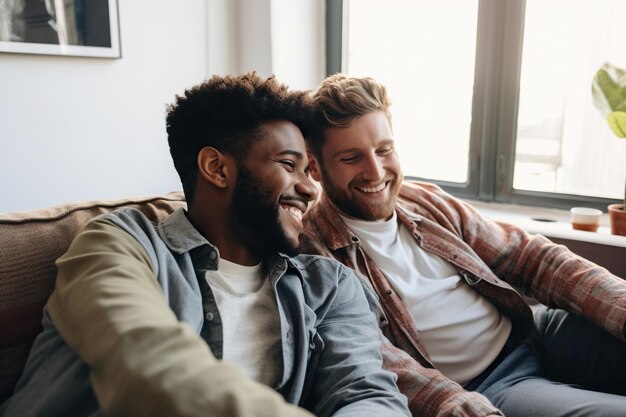 Jovem casal gay despreocupado relaxando em um sofá