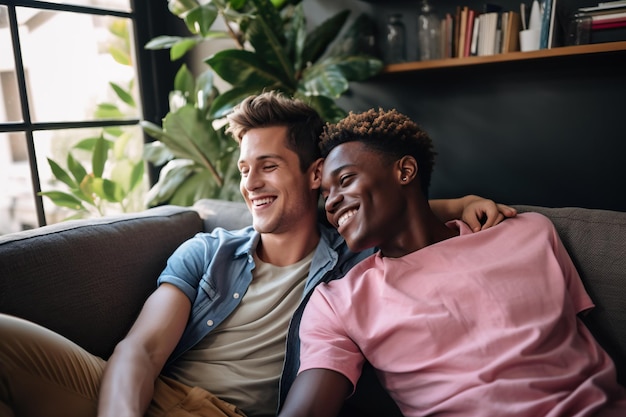 Jovem casal gay despreocupado relaxando em um sofá