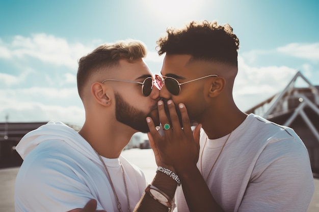 Jovem casal gay se beijando fazendo o símbolo do coração com as mãos